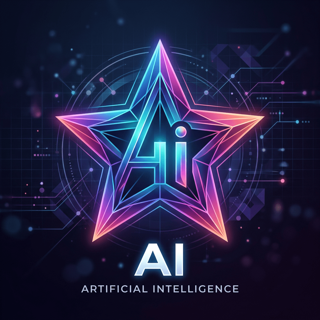 Glowing star with neon colors surrounding the letters 'Ai' and the text 'Artificial Intelligence' underneath