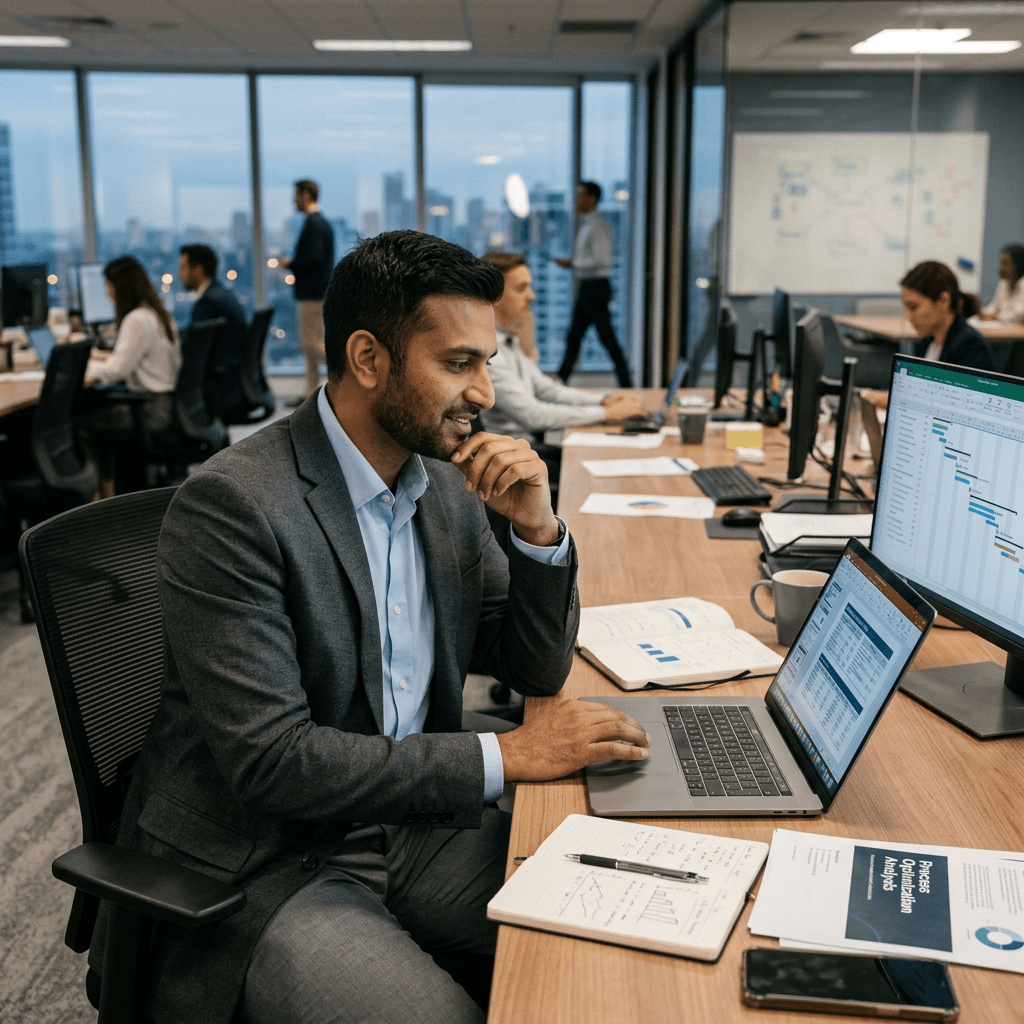 Man in suit working on laptop with business charts and documents