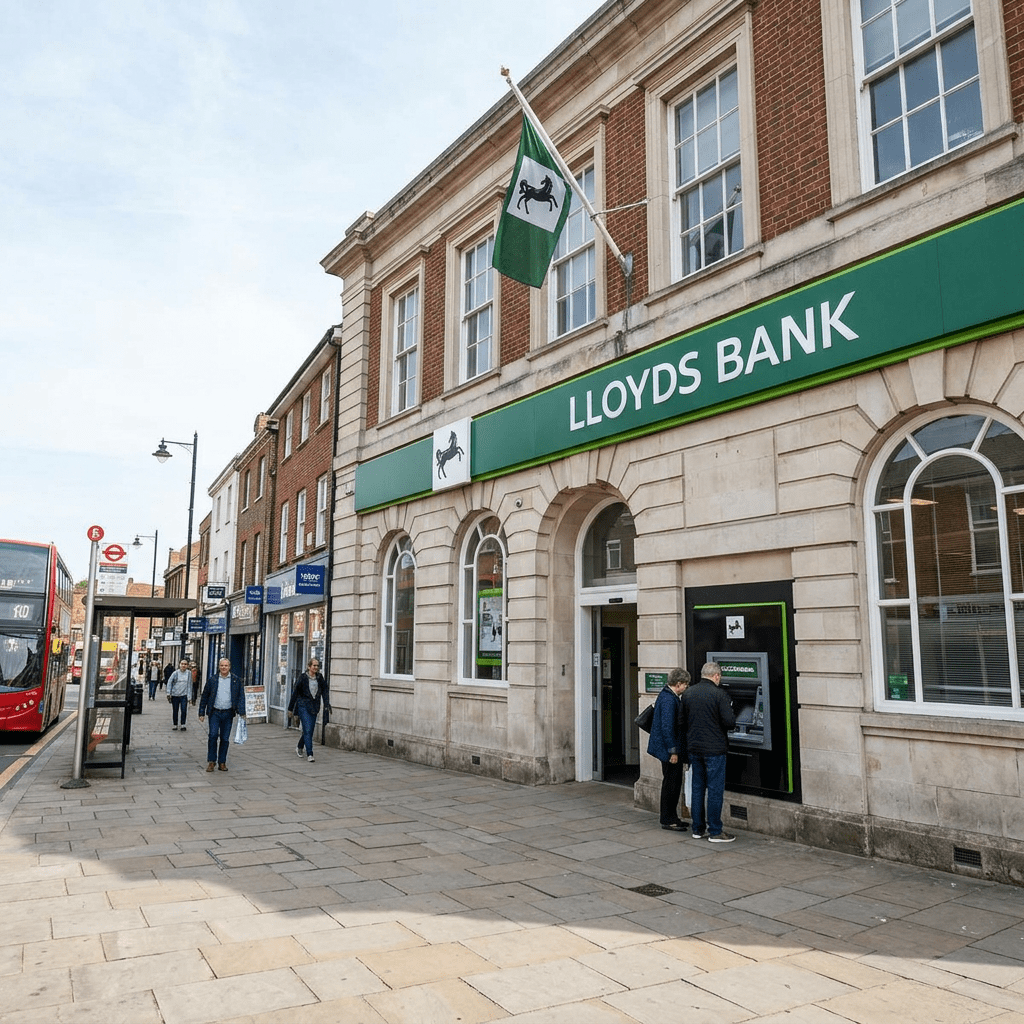 Two people using an ATM machine outside Lloyds Bank